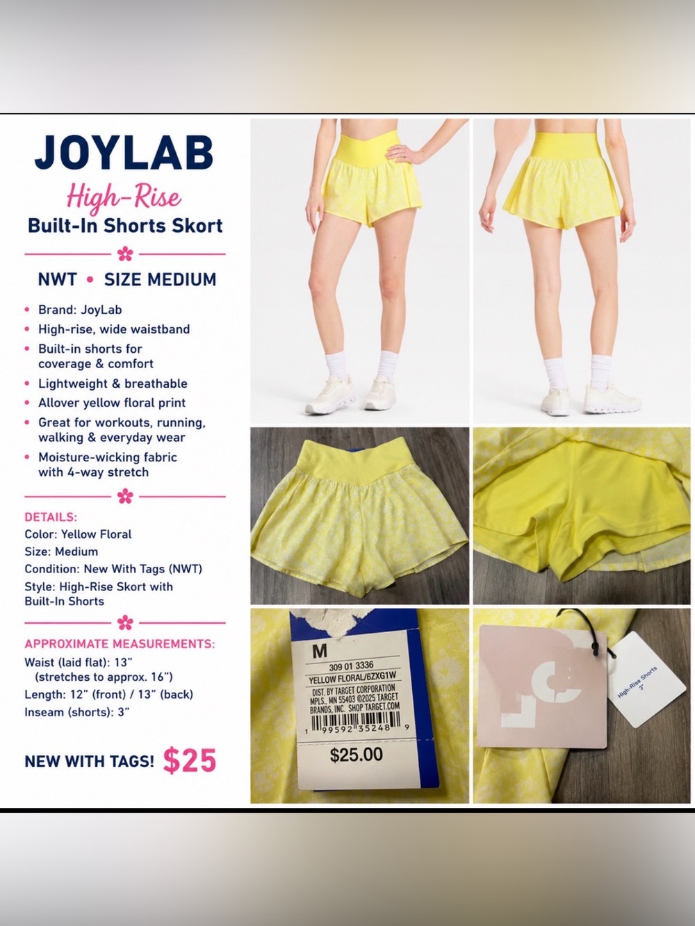 JoyLab High-Rise Built-In Shorts Skort – Yellow Floral | NWT size medium